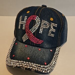 Embellished Denim Cap with Pink Ribbon